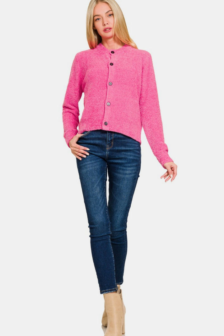 Fuchsia Button Down Long Sleeve Sweater Cardigan