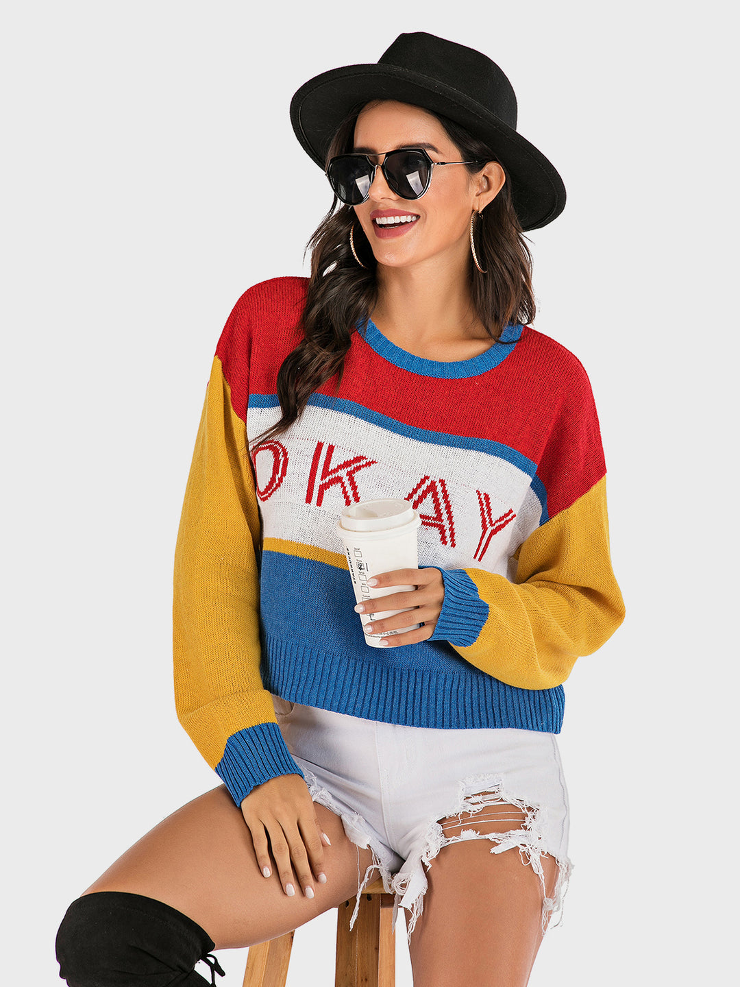 Okay Contrast Dropped Shoulder Long Sleeve Sweater