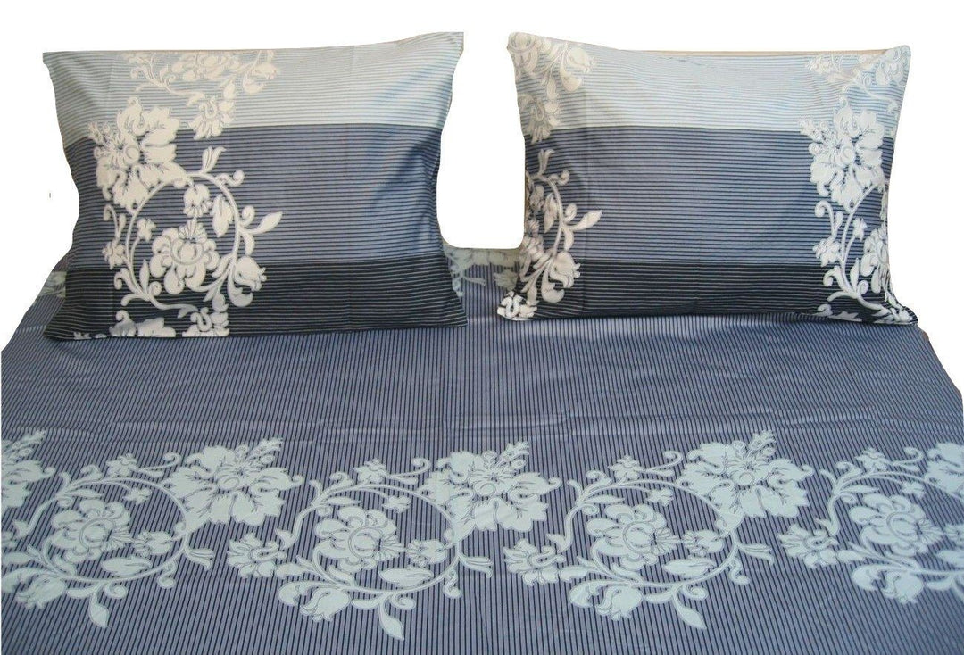Navy Blue Floral Striped Fitted & Flat Sheets + Pillow Cases