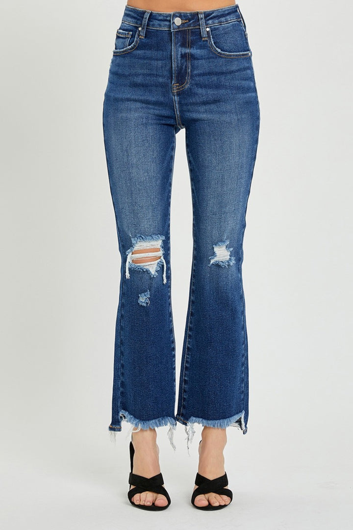 Risen High Rise Distressed Crop Flare Jeans