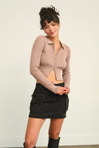 Taupe Ribbed Double Zip Cropped Cardigan