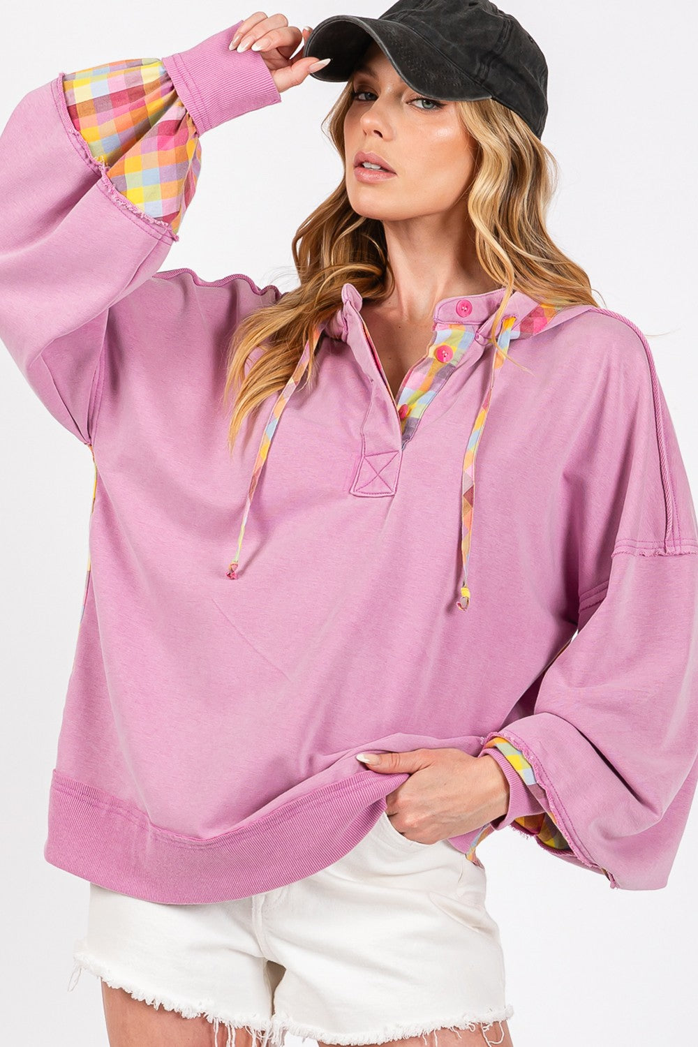 Lilac Plaid Print Washed Hoodie