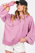 Lilac Plaid Print Washed Hoodie