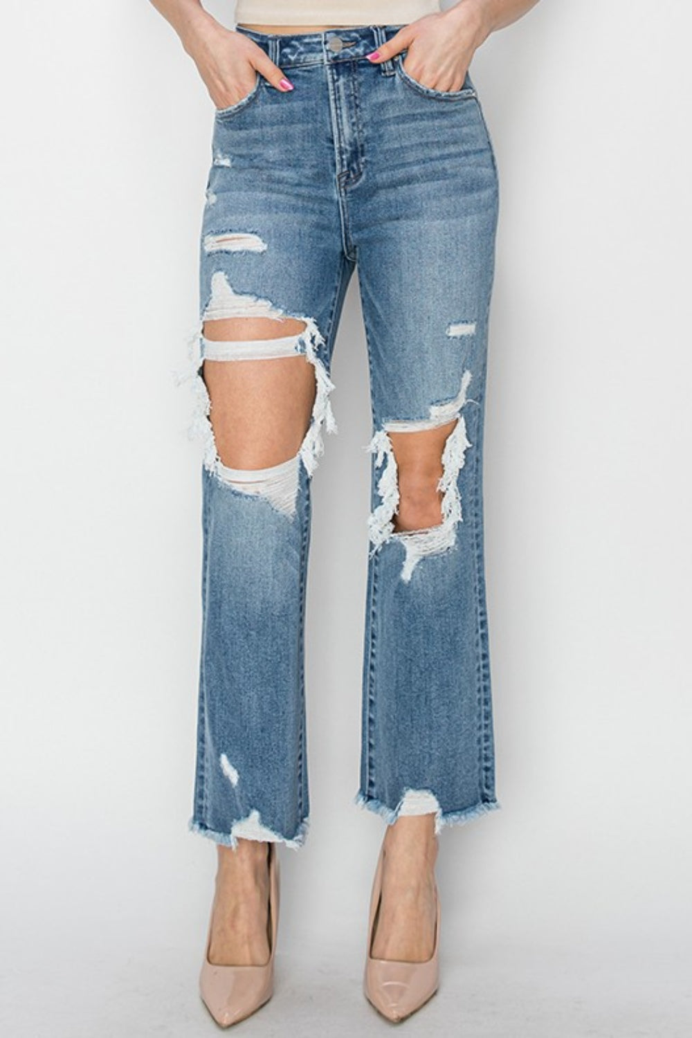 Mid Blue High Rise Distressed Crop Straight Jeans