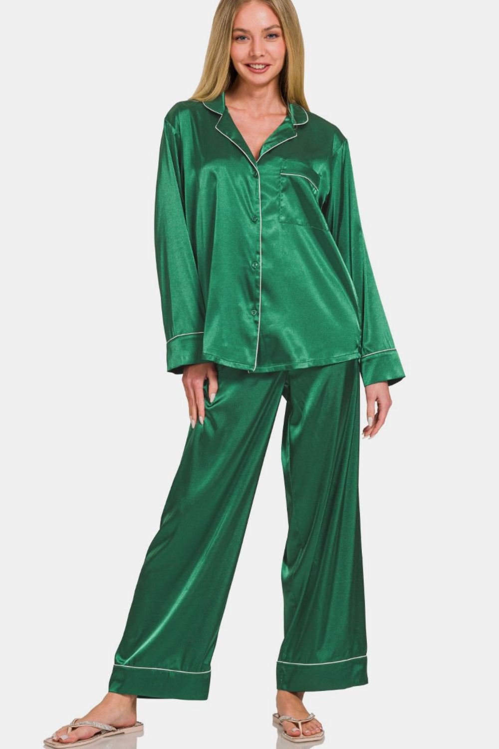 Green Satin Long Sleeve Shirt and Pants Pajama Set