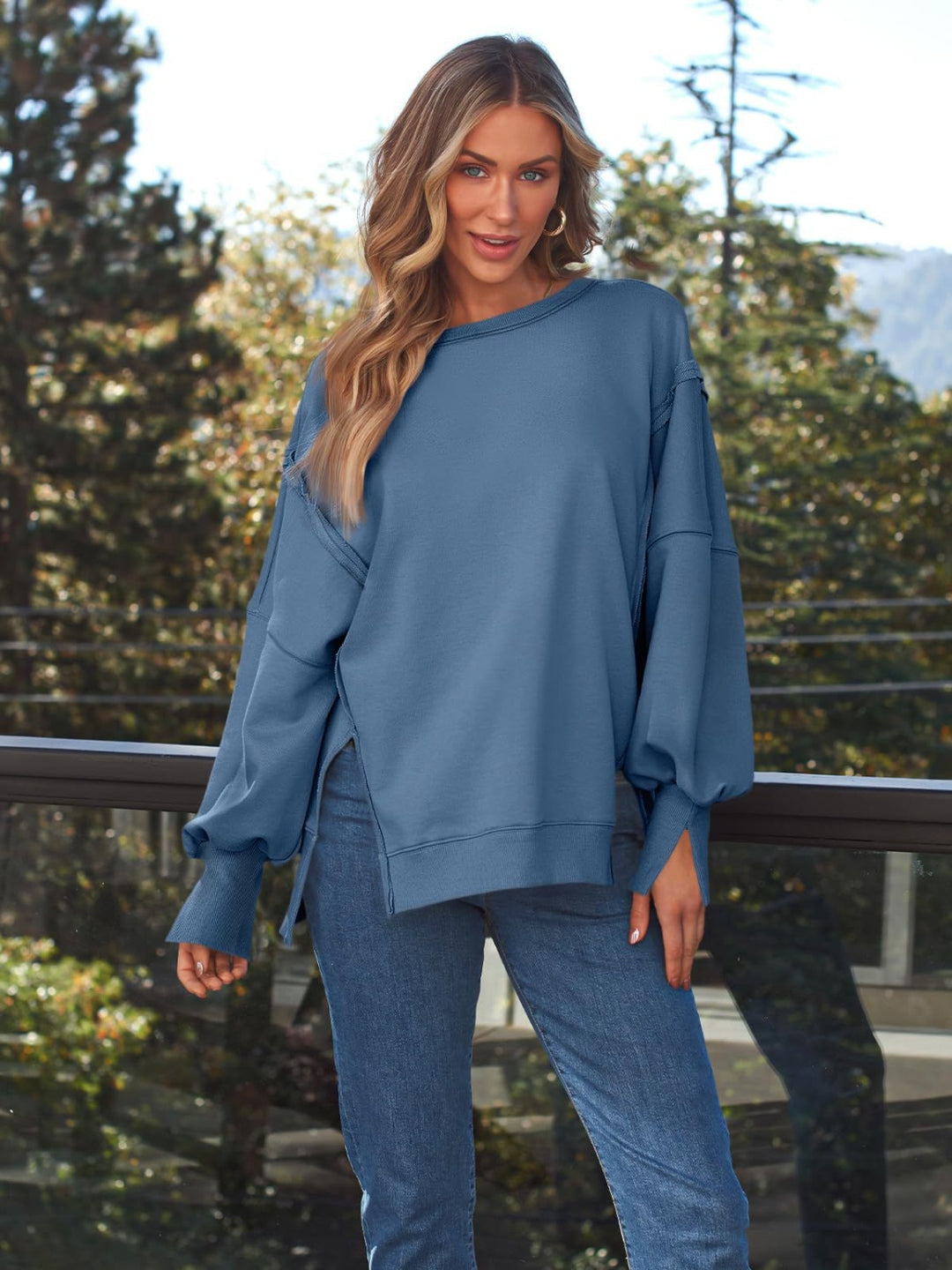 Slit Round Neck Long Sleeve Sweatshirt