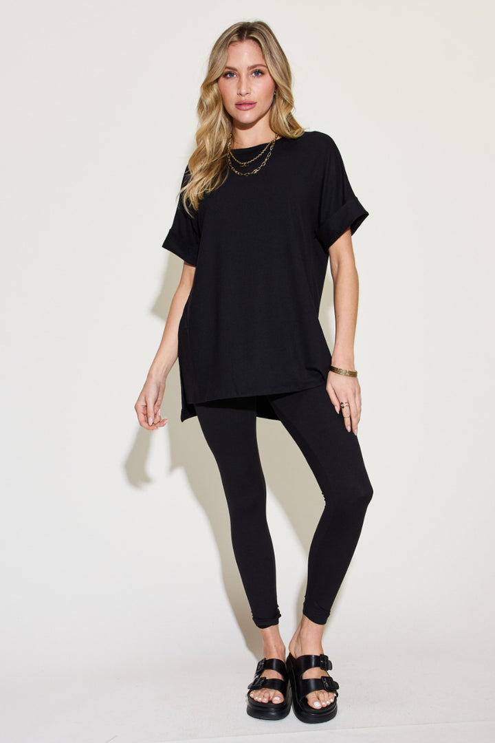 Black Short Sleeve Slit T-Shirt and Leggings Lounge Set