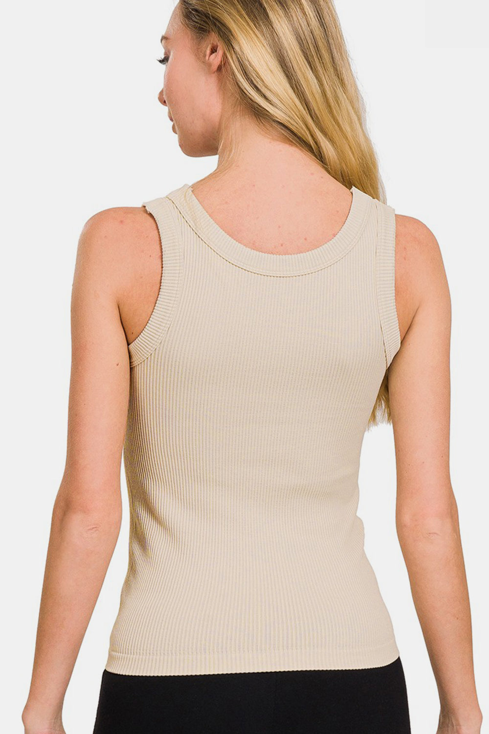 Sand Beige Two Way Neckline Washed Ribbed Tank