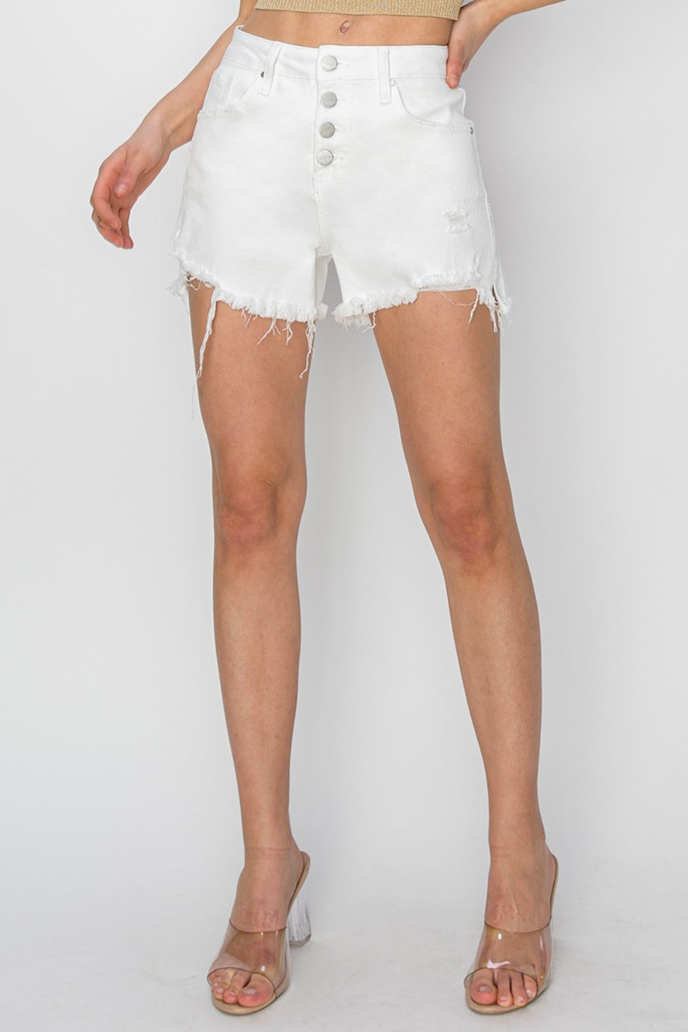 White Button Fly Frayed Hem Denim Shorts