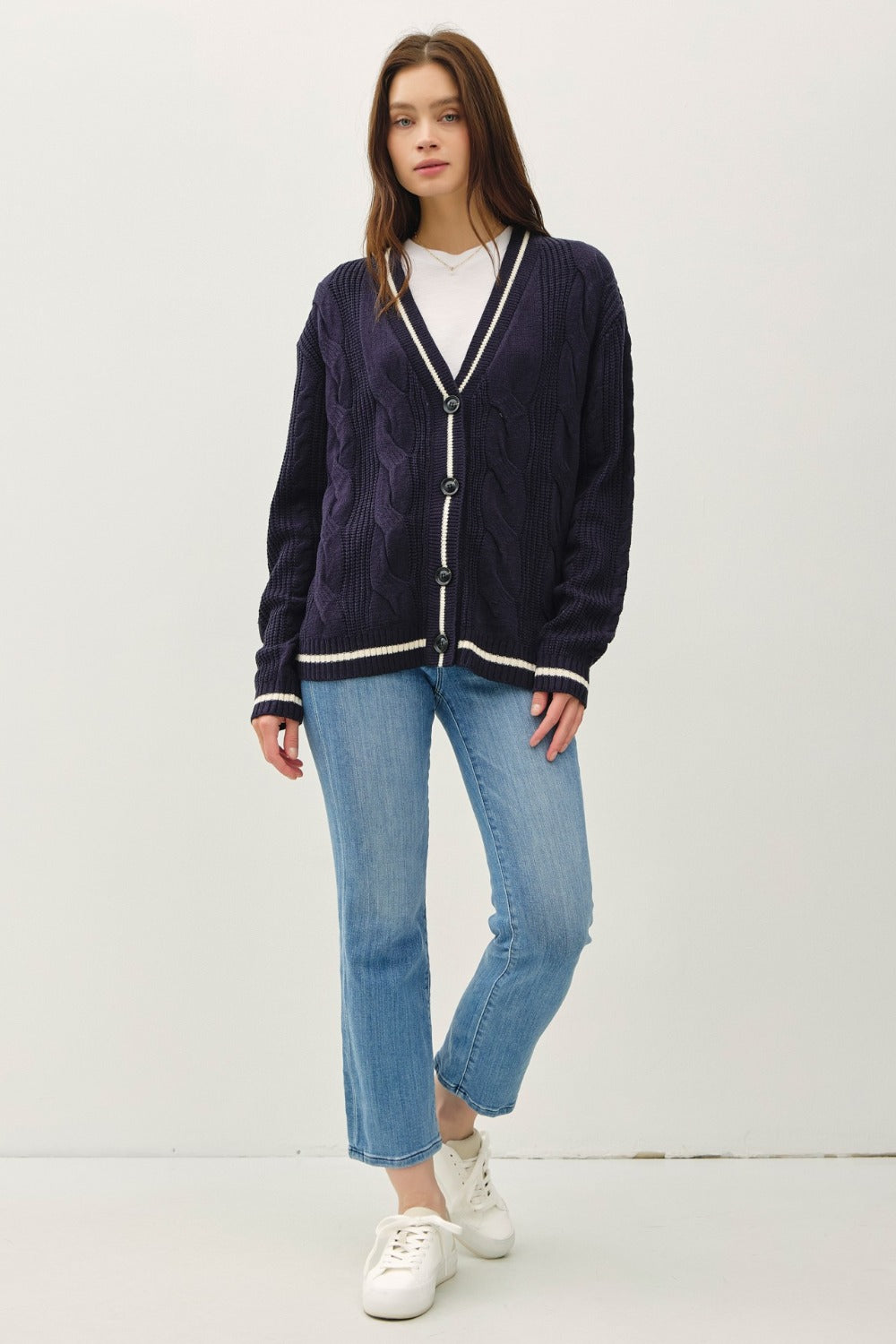 Navy Contrast Trim Cable-Knit V-Neck Cardigan