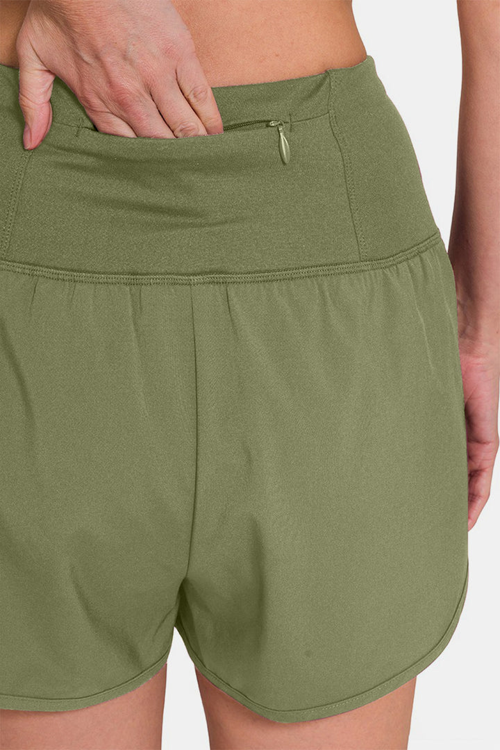 Olive High-Waisted Zippered Back Pocket Active Shorts