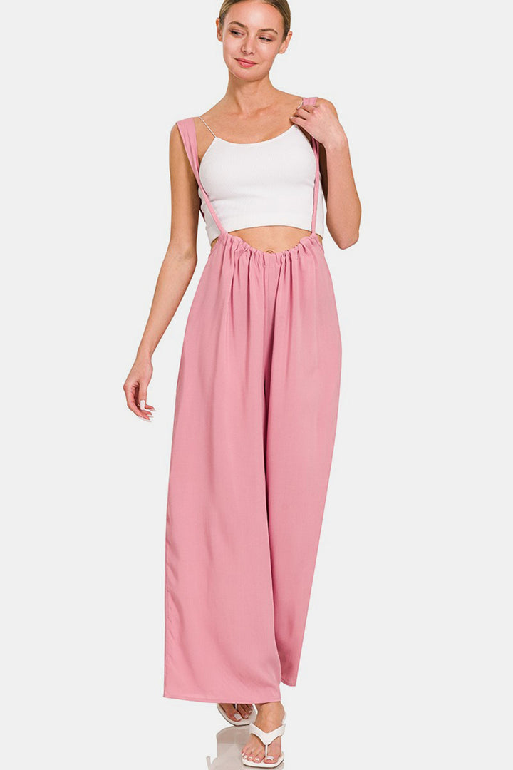 Rose Pink Pocketed Wide Strap Wide Leg Overalls