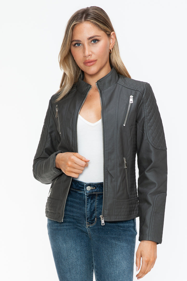 Charcoal Faux Leather Zip Up Mock Neck Jacket