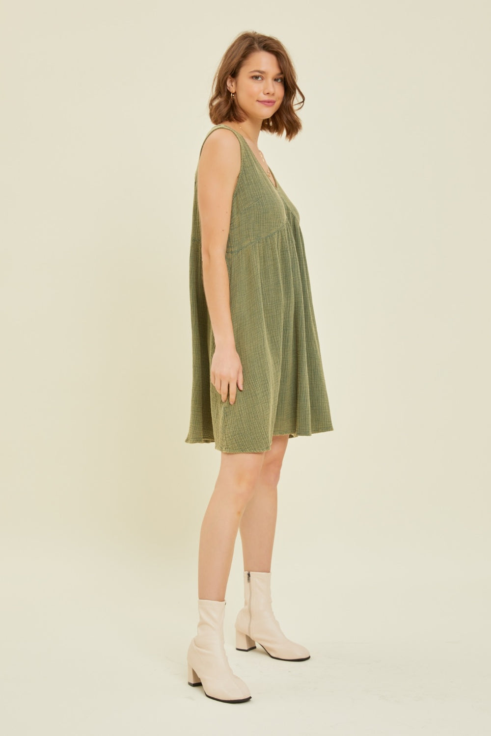 Olive Green Full Size Texture V-Neck Sleeveless Flare Mini Dress
