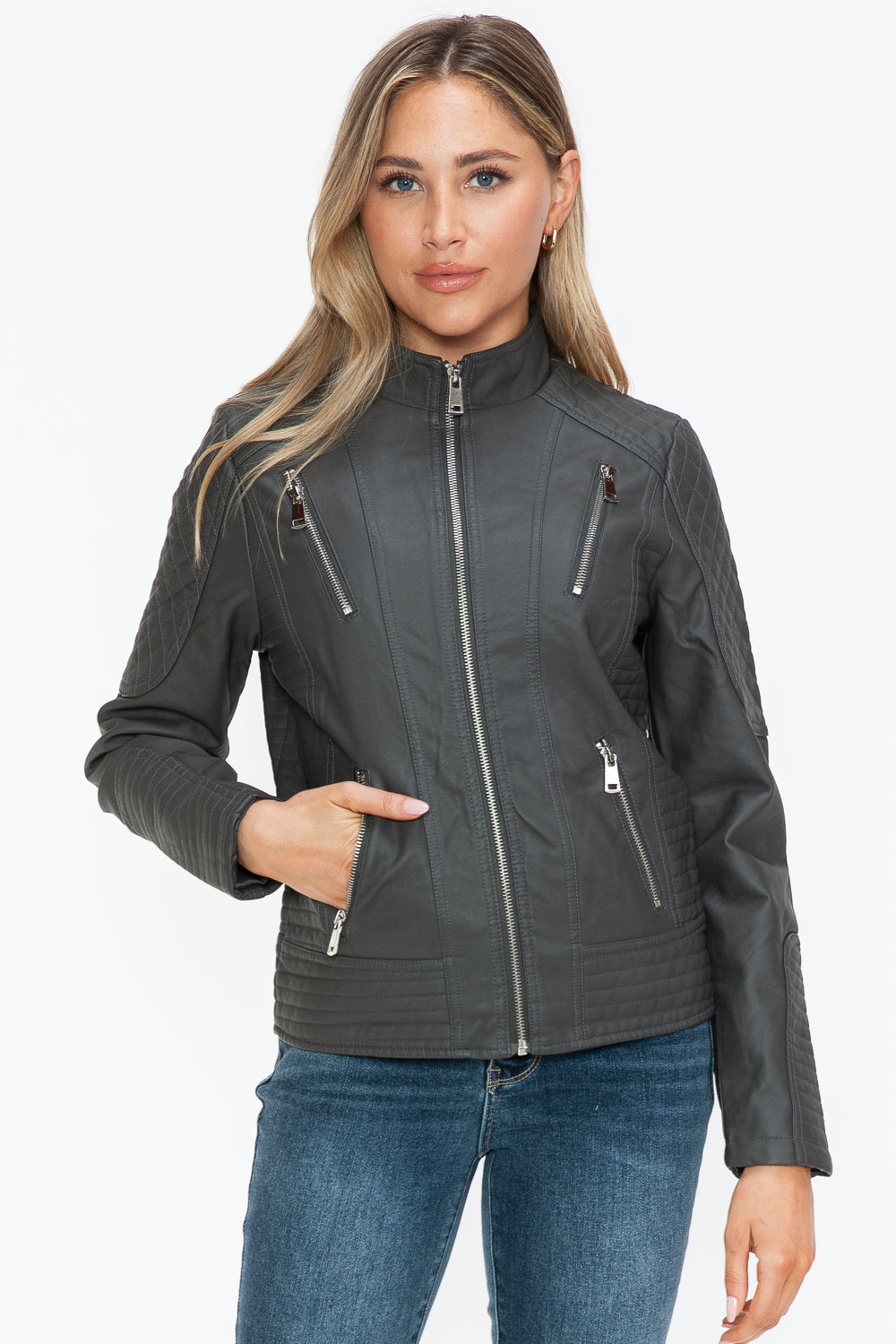 Charcoal Faux Leather Zip Up Mock Neck Jacket