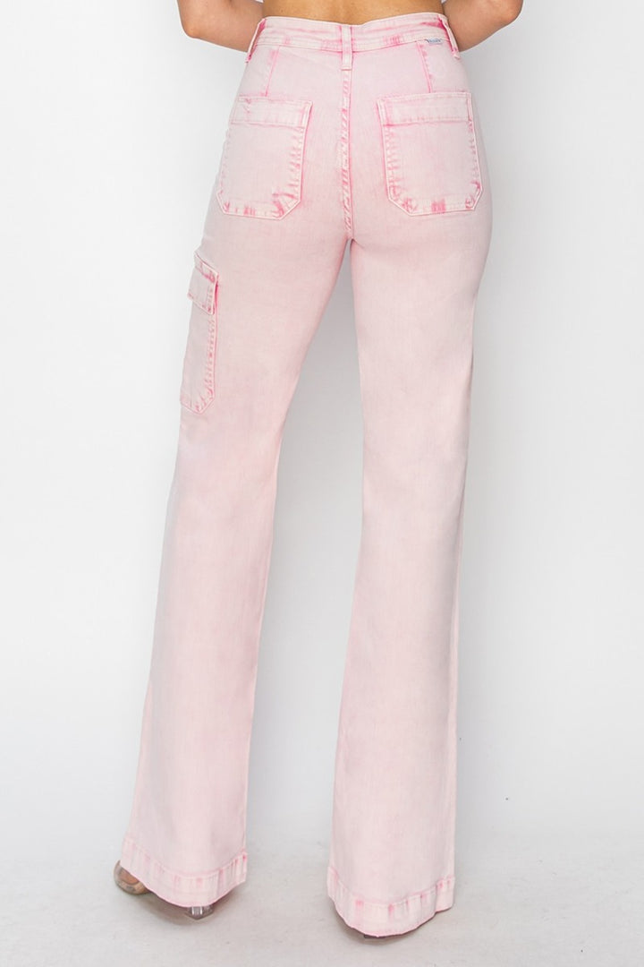 Acid Pink High Rise Wide Leg Cargo Pocket Jeans