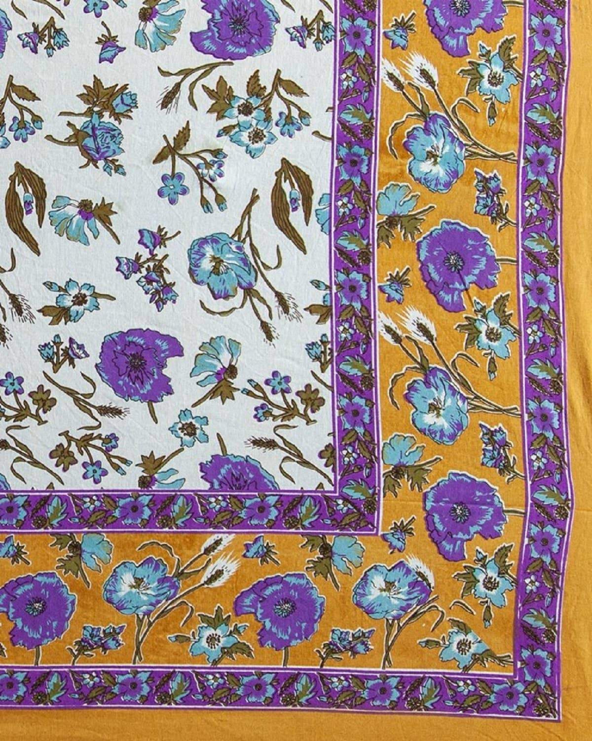 Boho Floral Hand Block Printed Wall Hanging Picnic Tapestry Gold & Blue