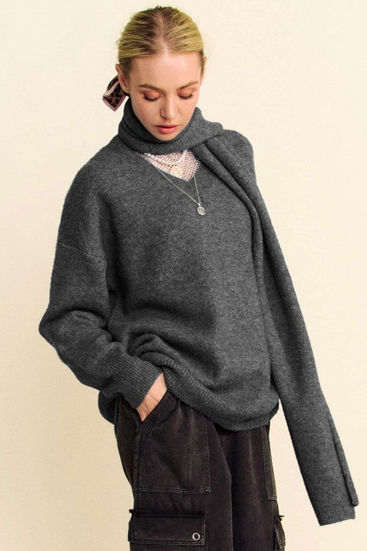 V-Neck Dropped Shoulder Sweater with Scarf Set in Dark Gray