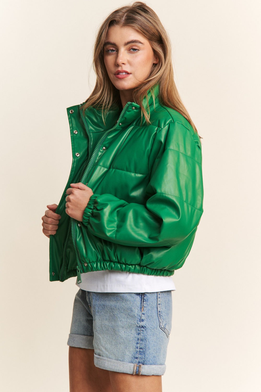 Green Turtleneck Snap and Zipper Closure Crop Puff Jacket