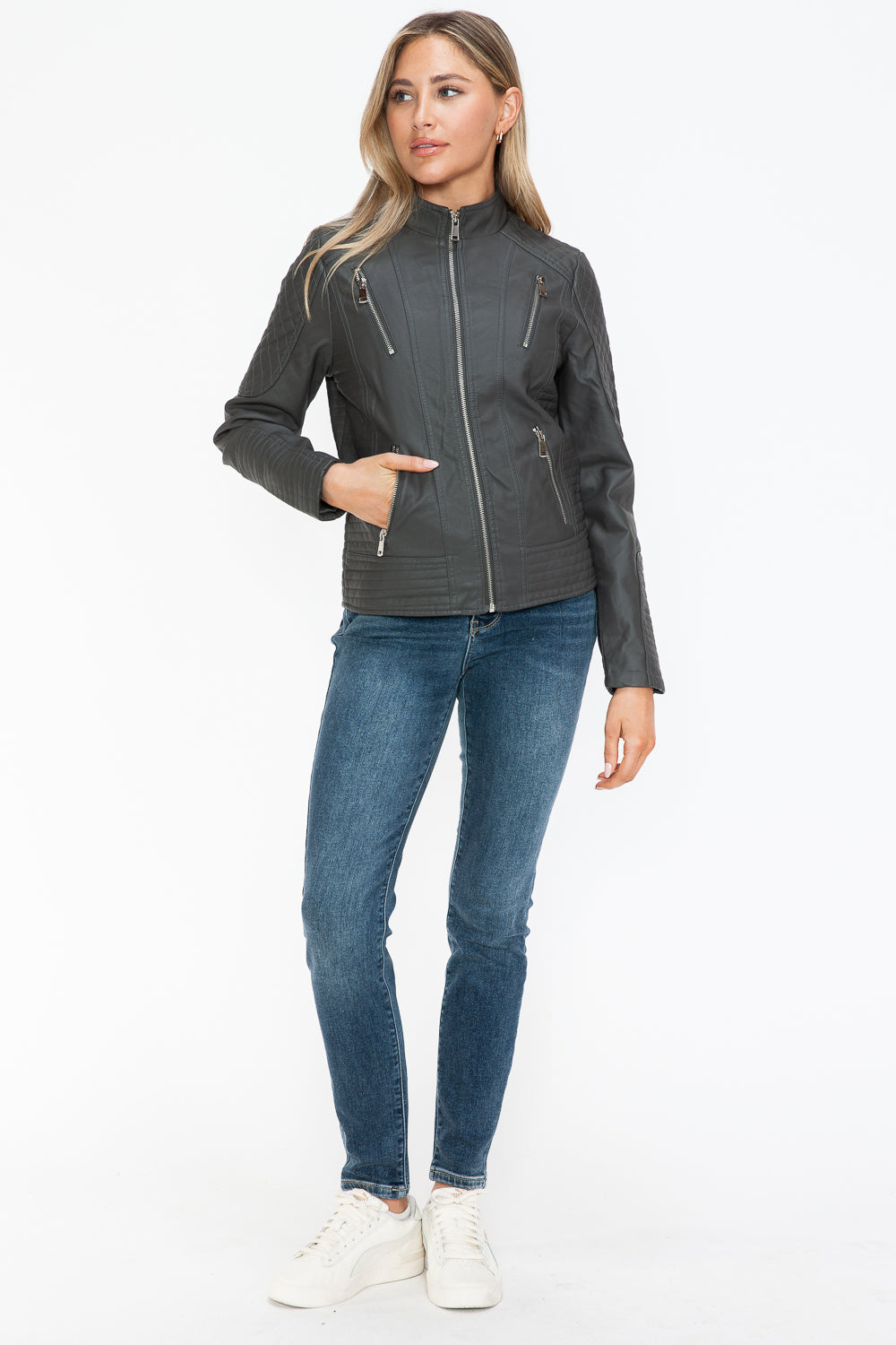 Charcoal Faux Leather Zip Up Mock Neck Jacket