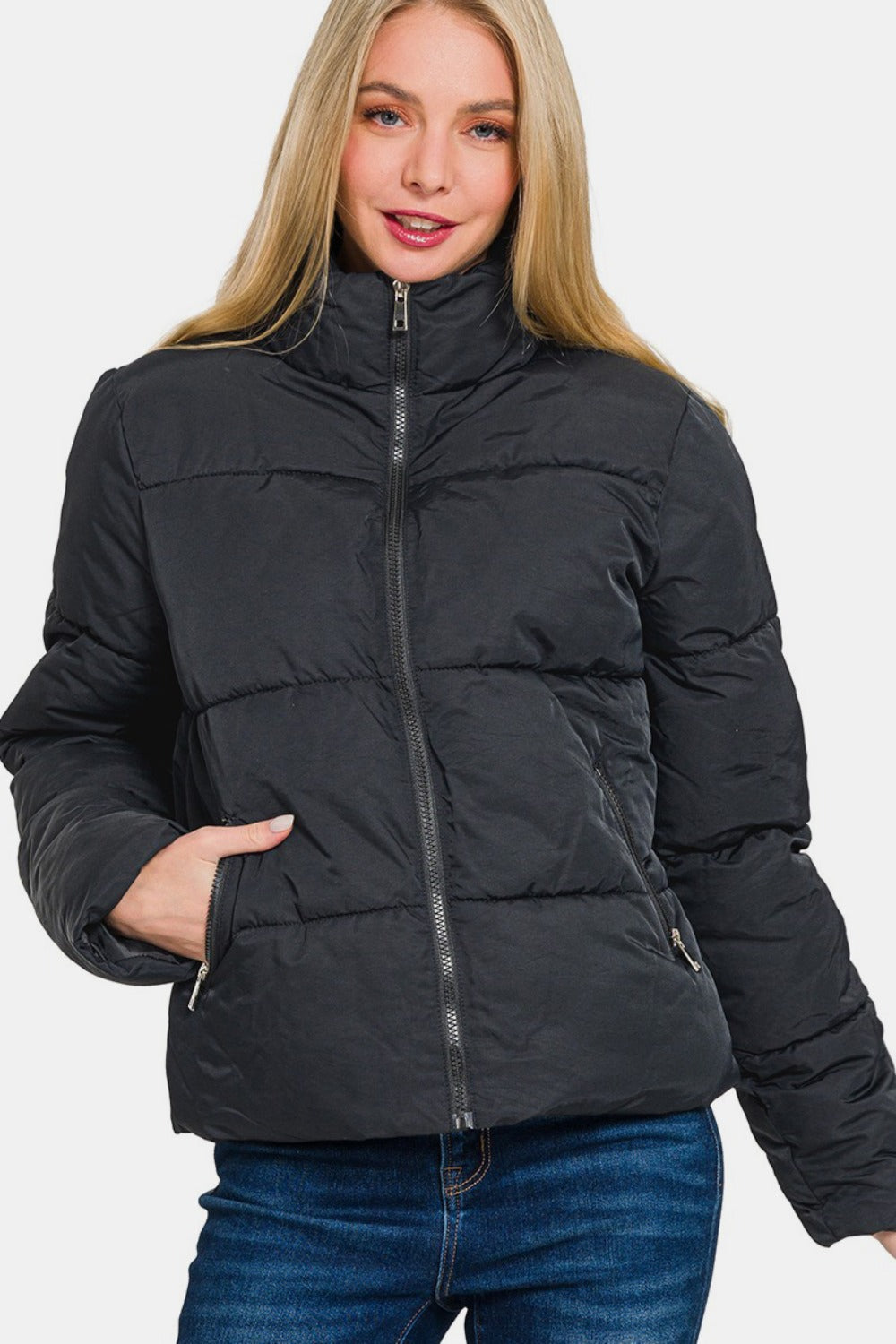 Black Zip Up Turtleneck Puffer Jacket with Pockets