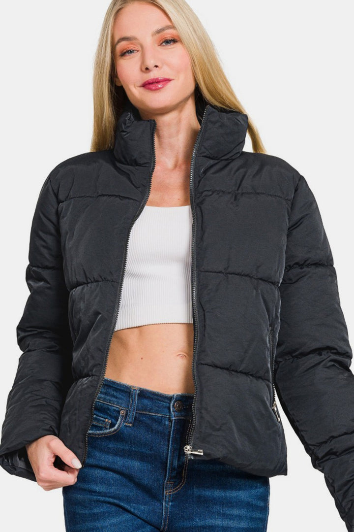 Black Zip Up Turtleneck Puffer Jacket with Pockets