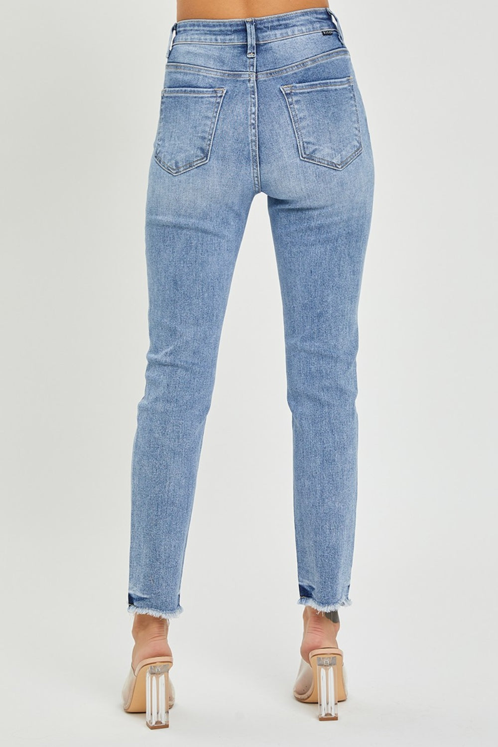 Mid Blue Full Size High Rise Frayed Hem Skinny Jeans