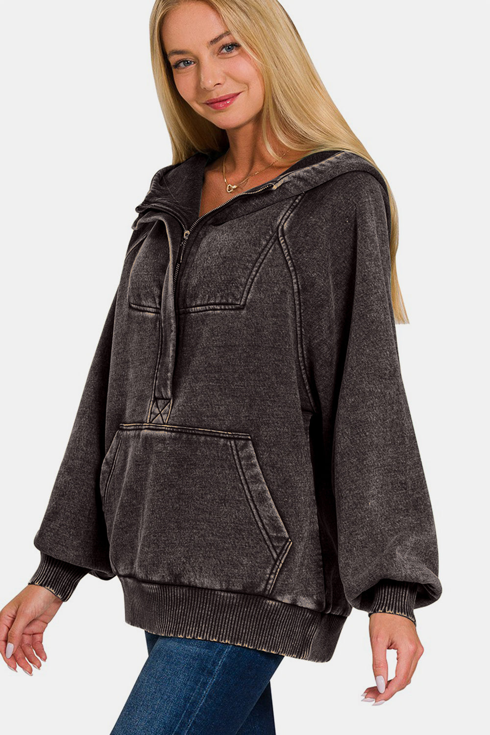 Ash Black Acid Wash Fleece Kangaroo Hoodie