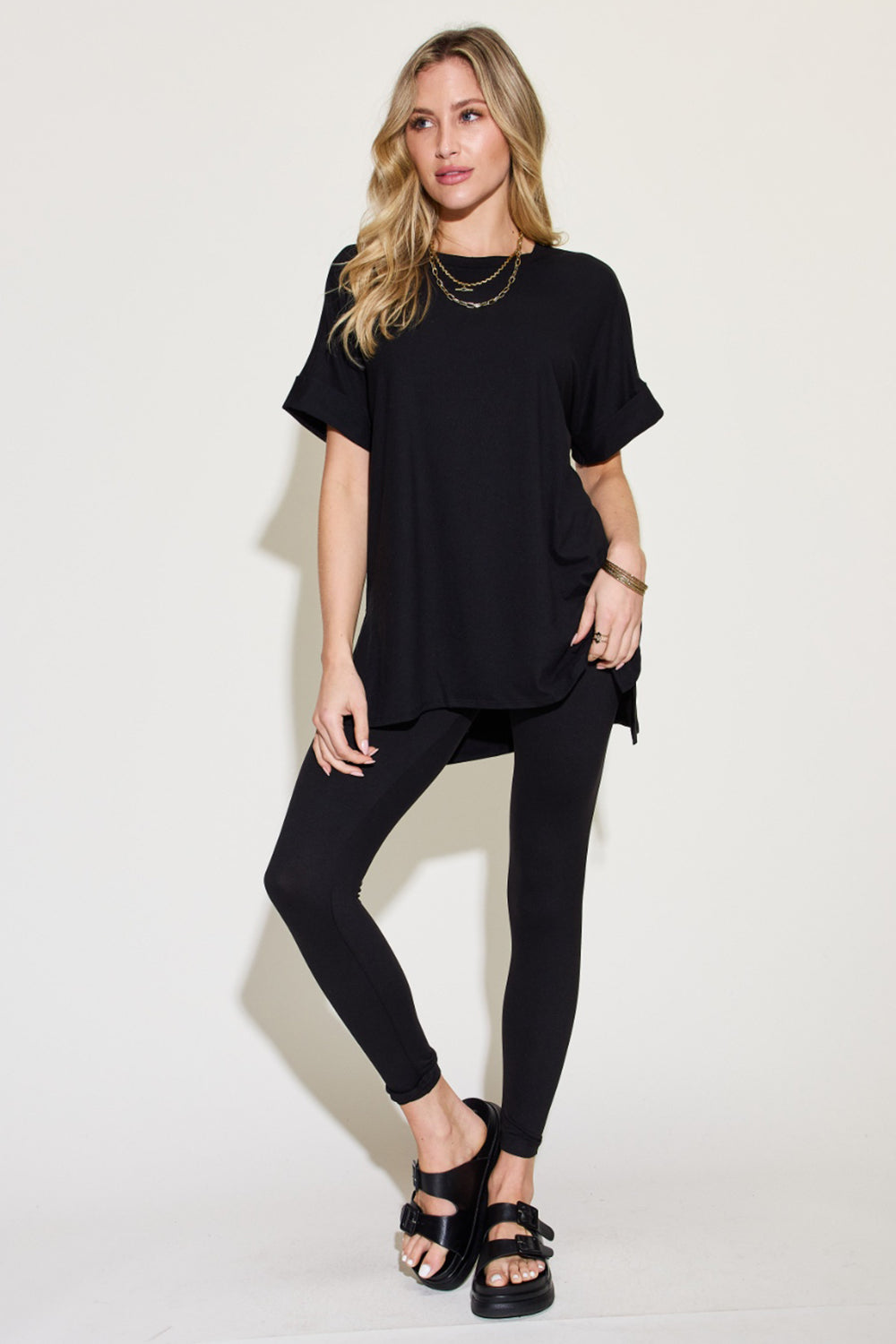 Black Short Sleeve Slit T-Shirt and Leggings Lounge Set