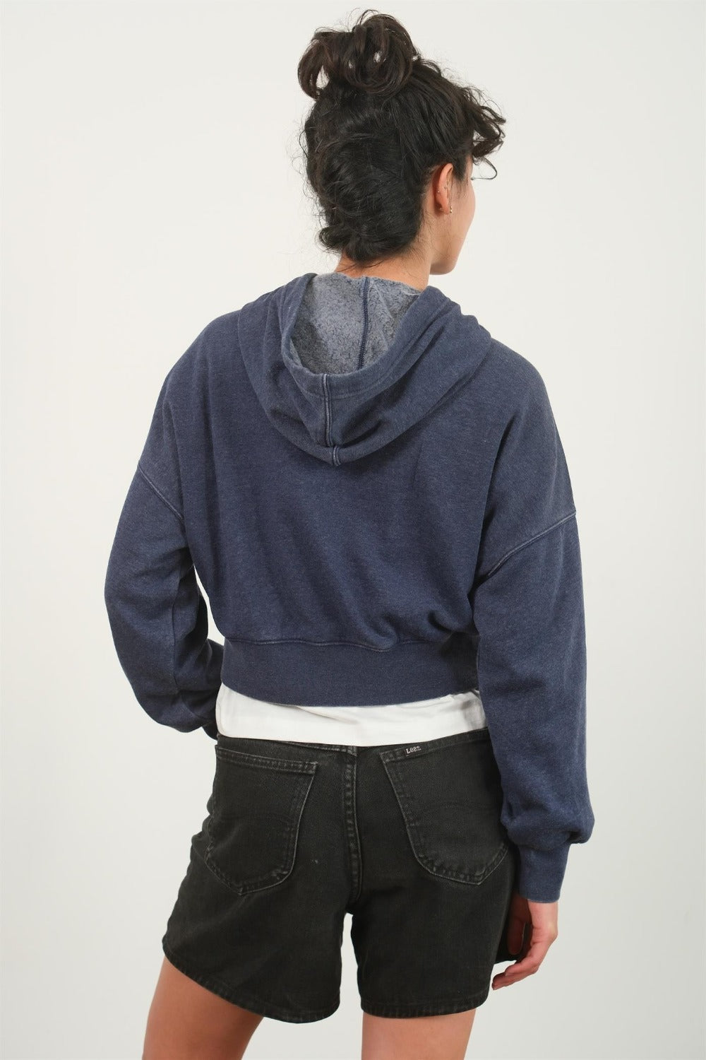 Dark Blue Drop Shoulder Cropped Hoodie