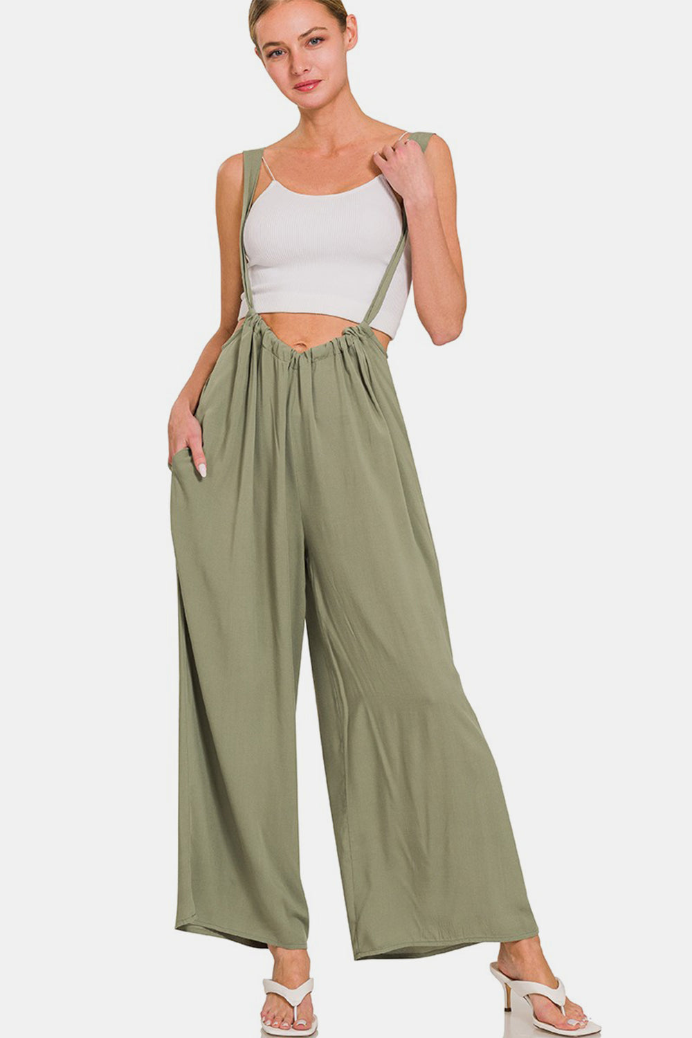 Olive Green Pocketed Wide Strap Wide Leg Overalls