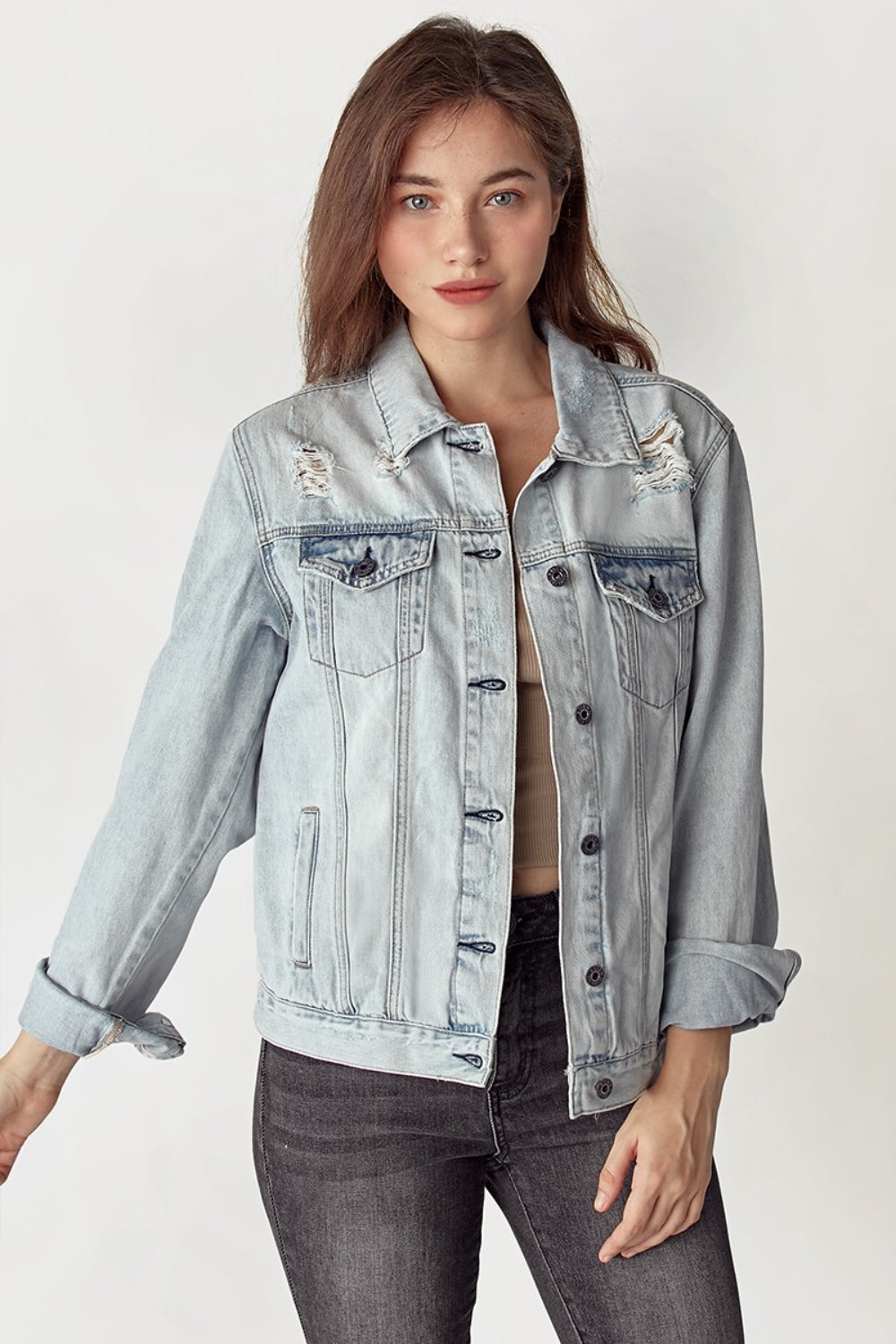 Light Denim Distressed Button Up Jacket