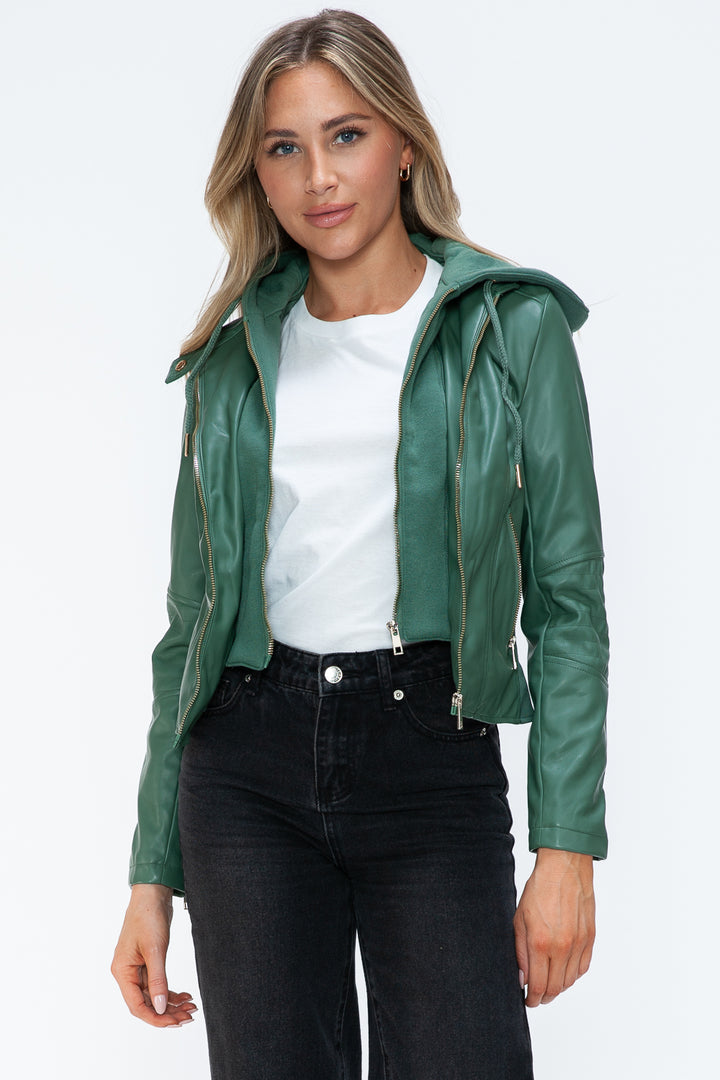 Sage Faux Leather Zip Up Drawstring Hooded Jacket