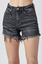 Raw Hem Denim Shorts with Pockets in Black