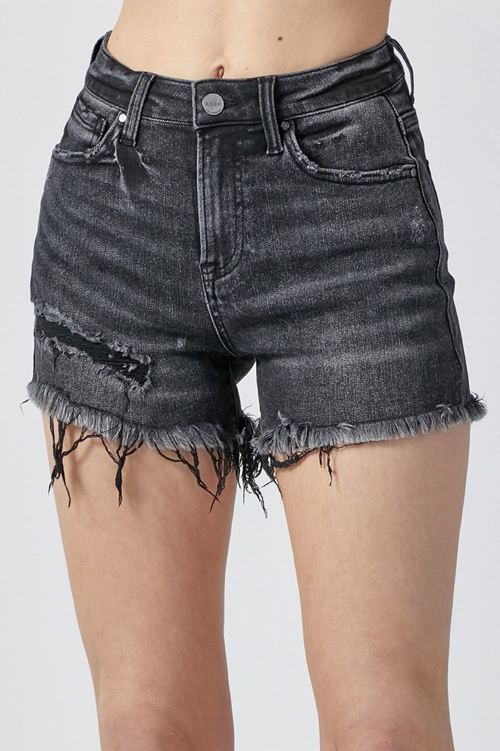 Raw Hem Denim Shorts with Pockets in Black