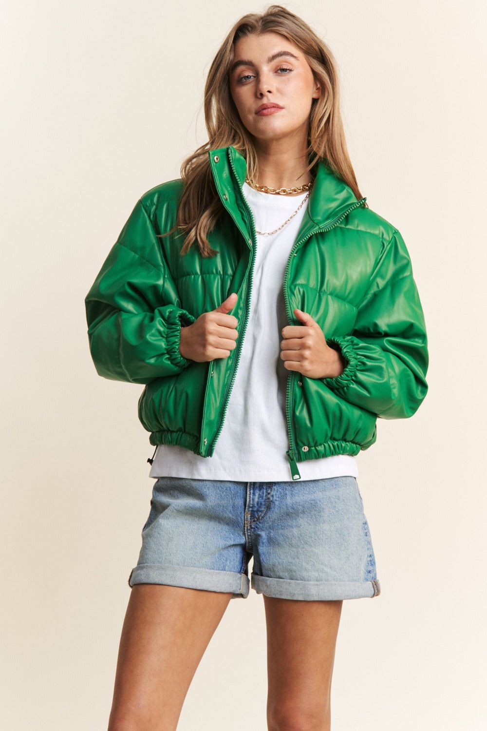 Green Turtleneck Snap and Zipper Closure Crop Puff Jacket