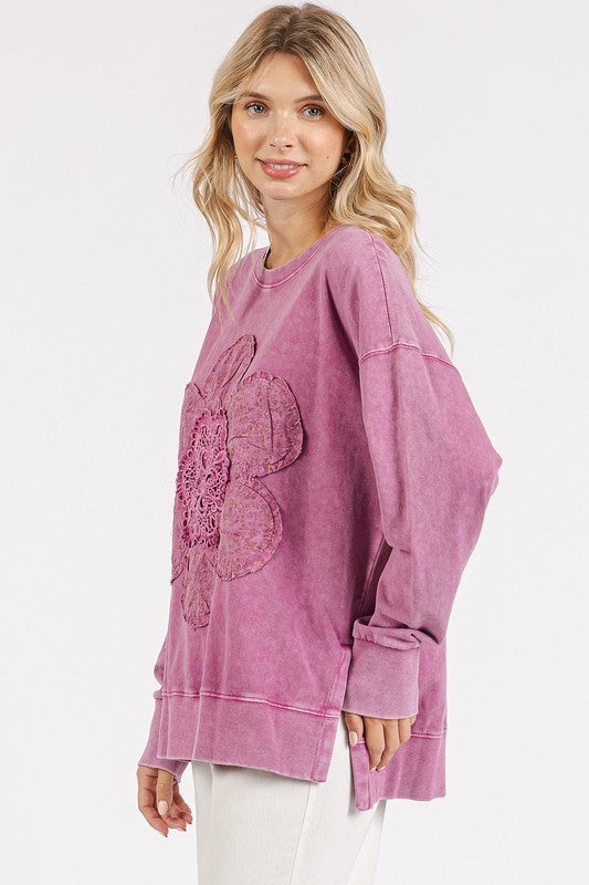 Dusty Pink Mineral Wash Flower Patch Side Slit Sweatshirt