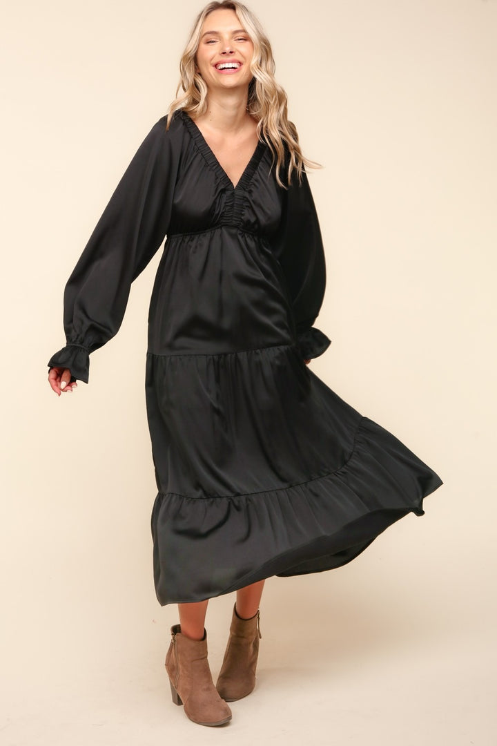 Black Flounce Sleeve Tiered Midi Dress with Pockets