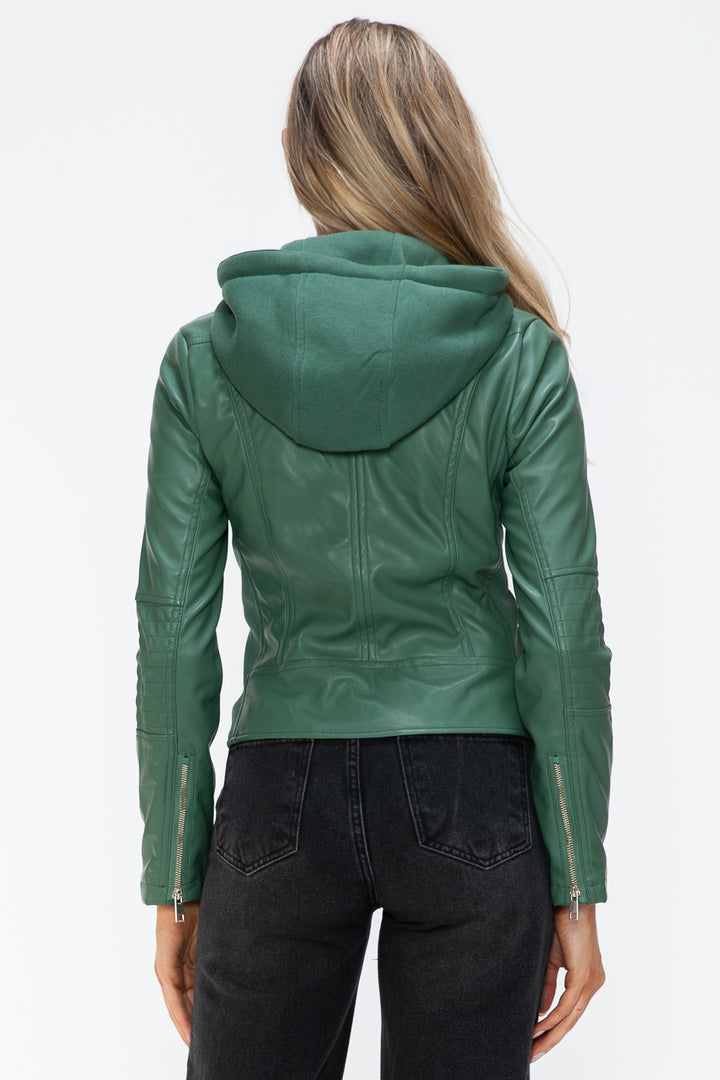 Sage Faux Leather Zip Up Drawstring Hooded Jacket