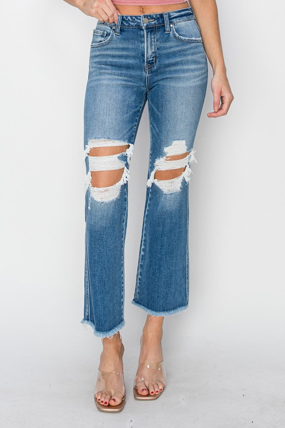 Distressed Mid Rise Cropped Flare Jeans
