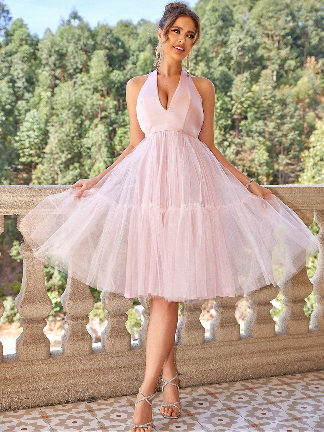 Blush Pink Backless Halter Neck Mini Dress