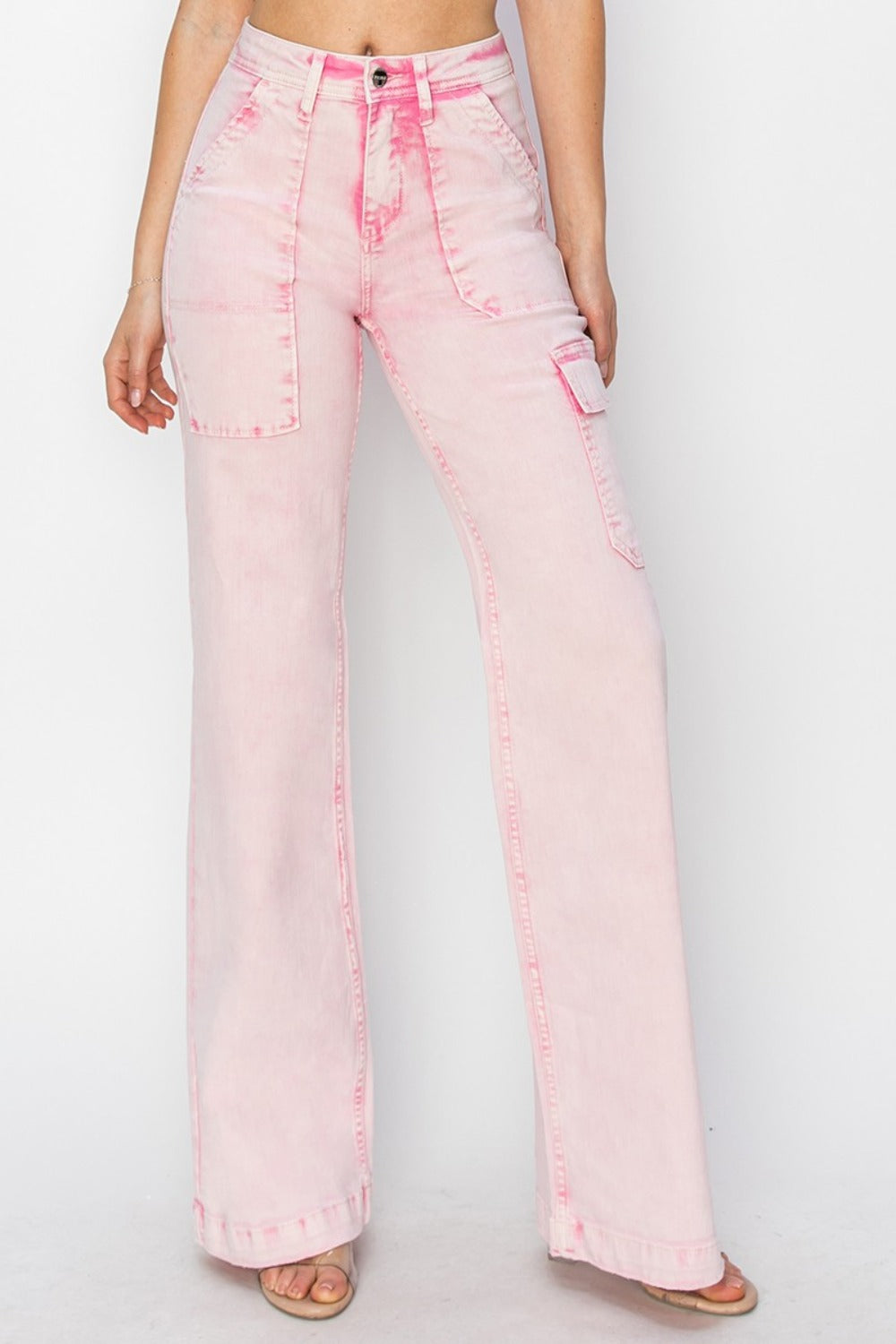 Acid Pink High Rise Wide Leg Cargo Pocket Jeans