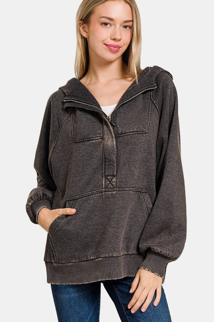 Ash Black Acid Wash Fleece Kangaroo Hoodie