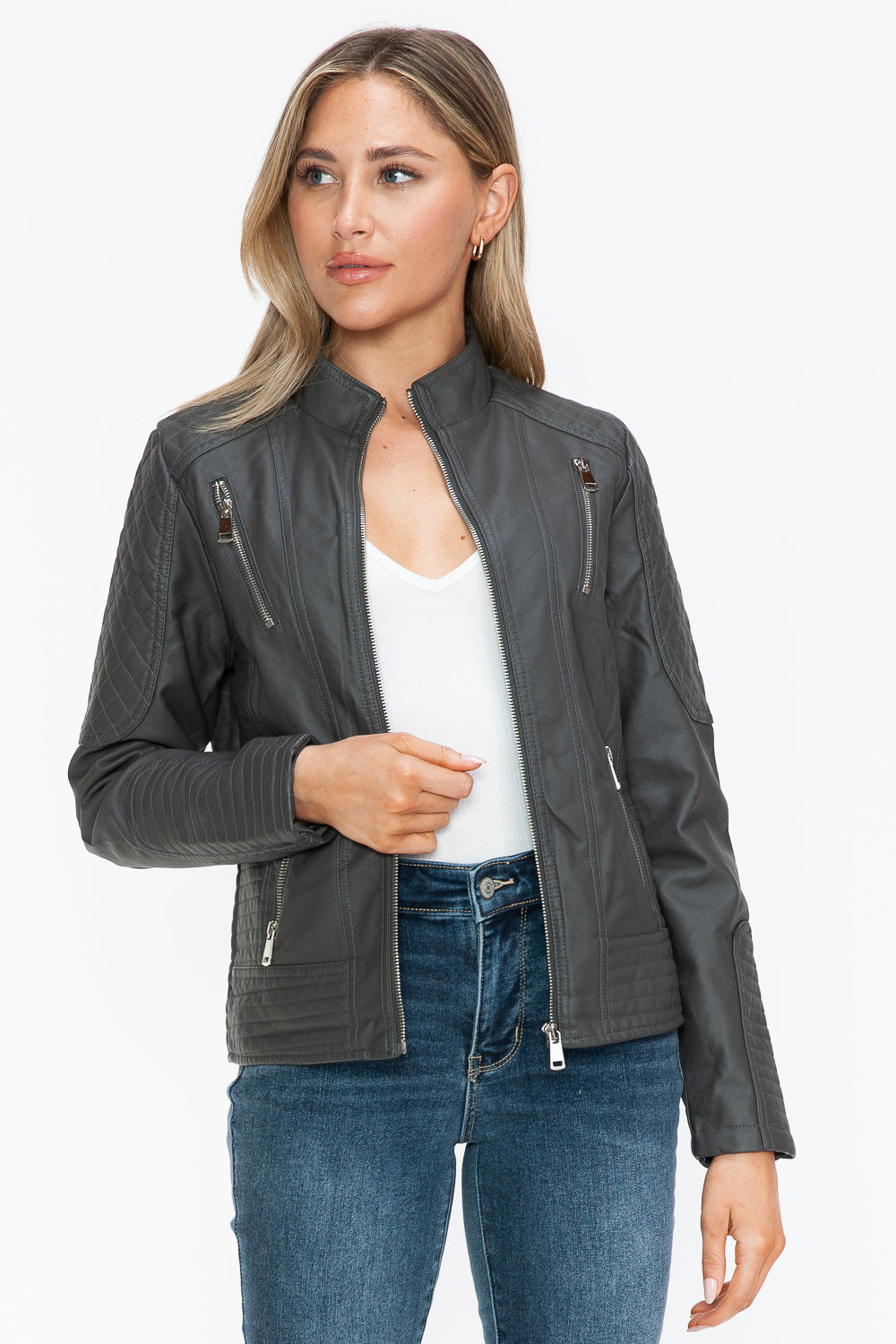 Charcoal Faux Leather Zip Up Mock Neck Jacket