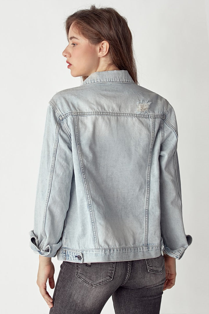 Light Denim Distressed Button Up Jacket