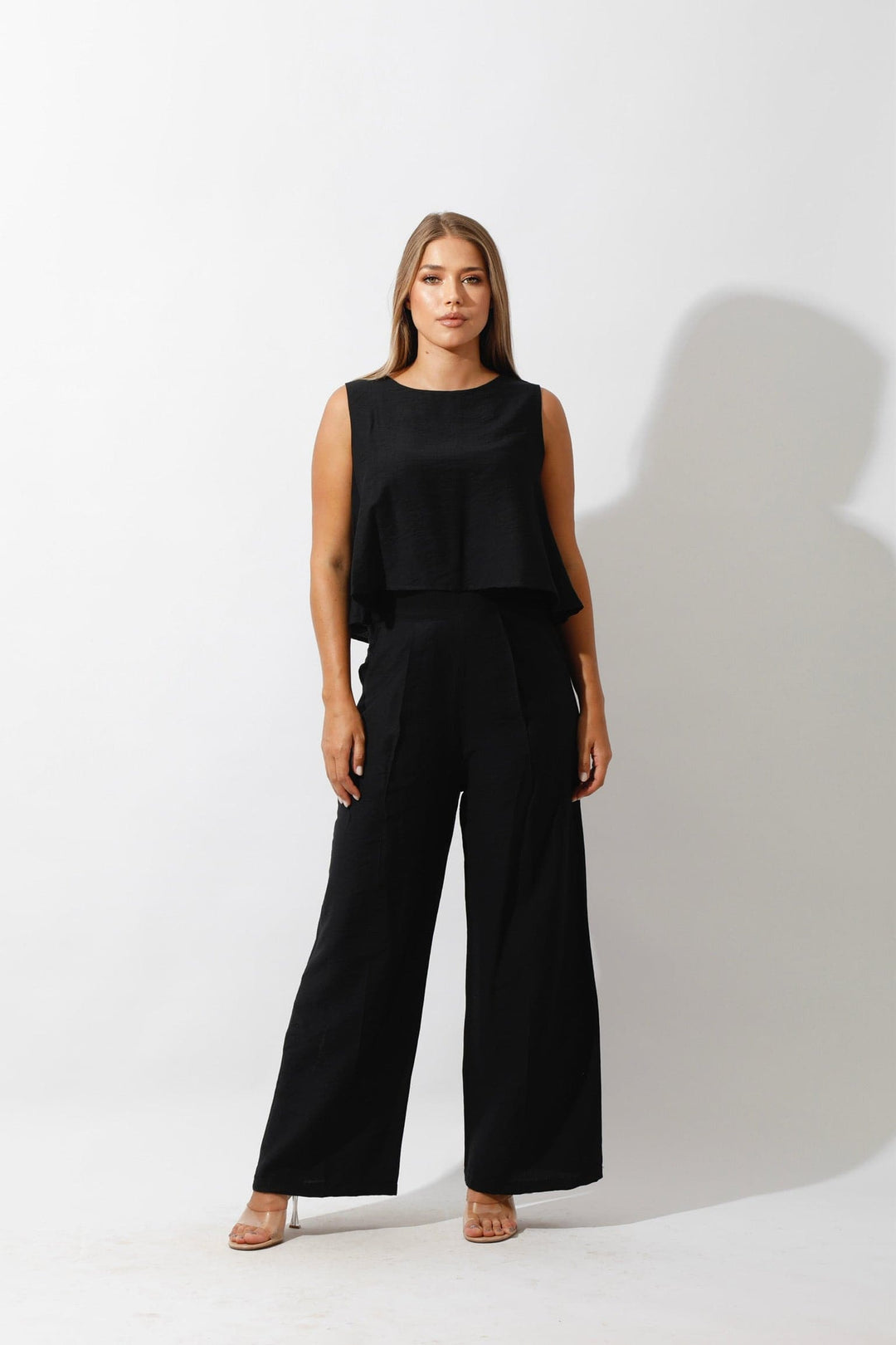 Sleeveless Tank Top & Wide Leg Pants Lounge Set Black