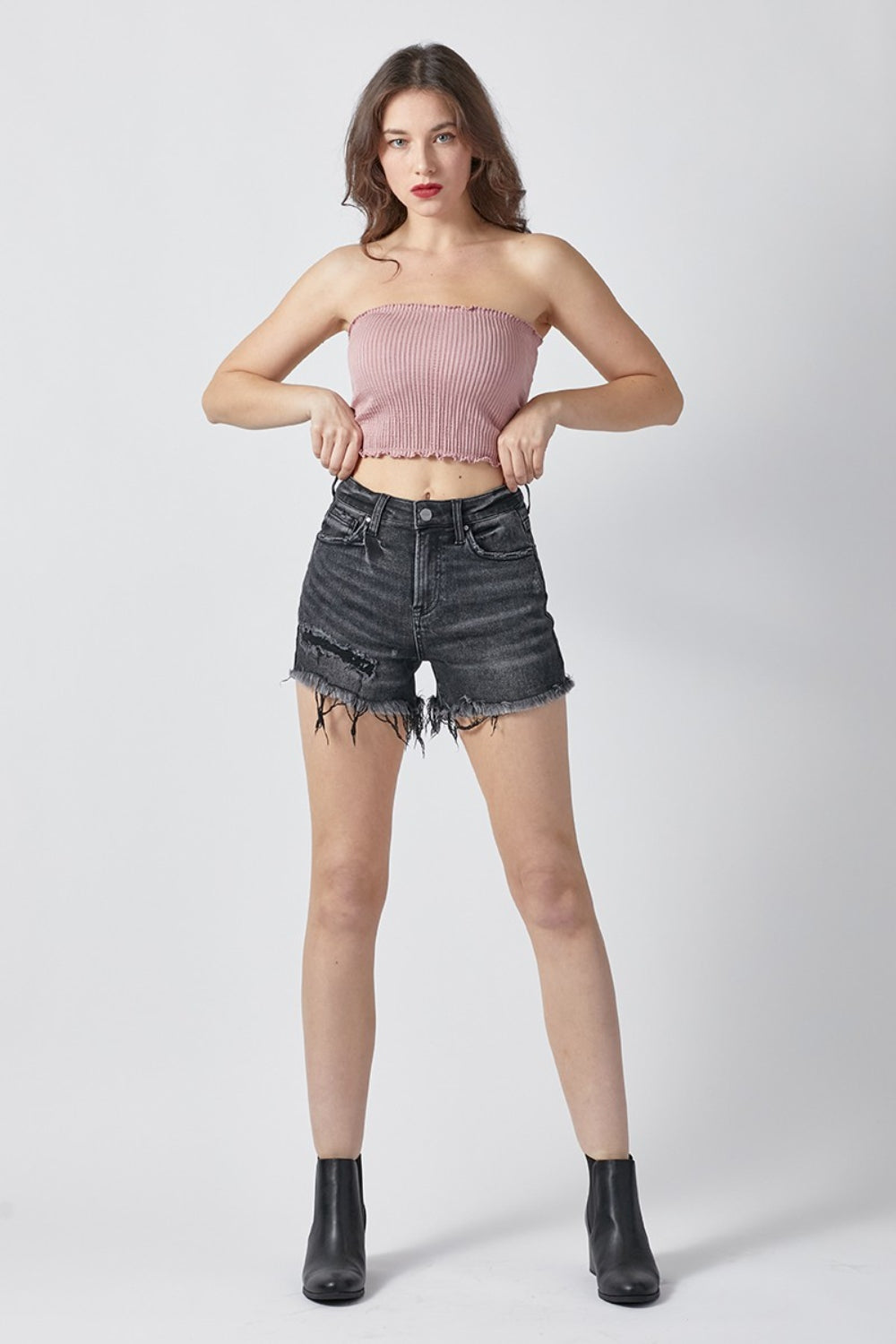 Raw Hem Denim Shorts with Pockets in Black