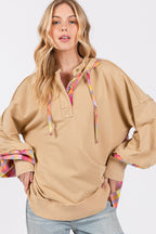 Beige Plaid Print Washed Hoodie