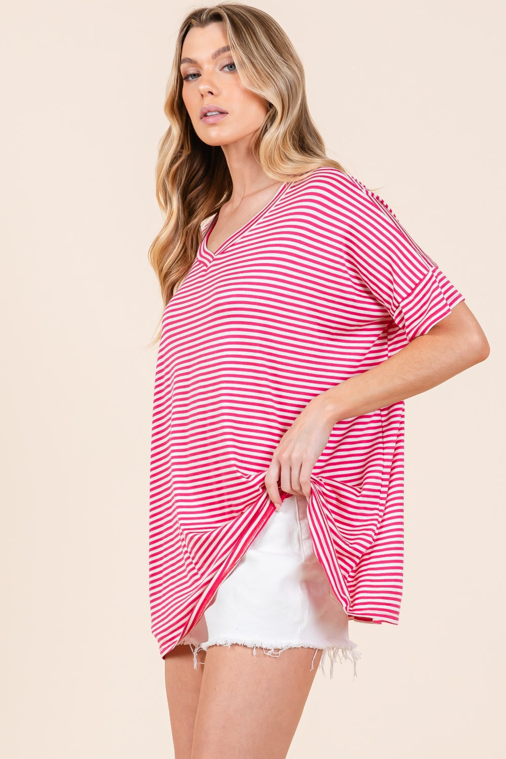 Fuchsia Striped V-Neck T-Shirt