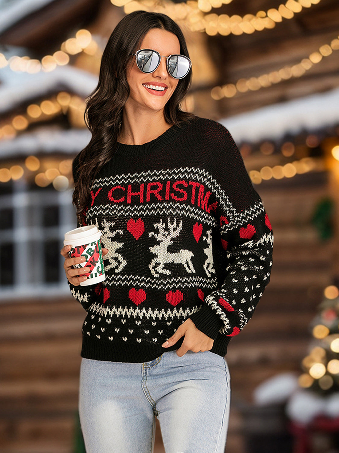 Christmas Element Round Neck Sweater Black